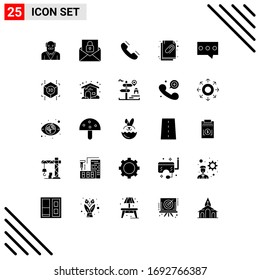 Modern Set of 25 Solid Glyphs Pictograph of bubble; document; call; attachment; ring Editable Vector Design Elements
