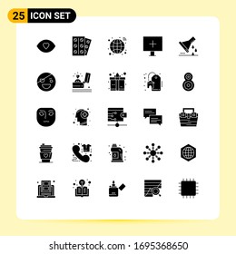 Modern Set of 25 Solid Glyphs Pictograph of erlenmeyer flask; warning; globe; virus; aim Editable Vector Design Elements