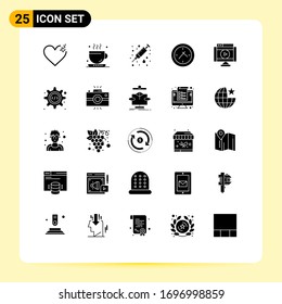 Modern Set Of 25 Solid Glyphs And Symbols Such As Player; Movie; Health; Internet; Time Editable Vector Design Elements