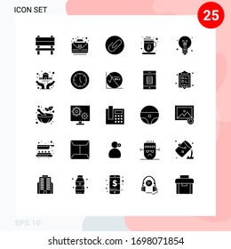 Modern Set of 25 Solid Glyphs Pictograph of education; bulb; attach; coffee cup; hot Editable Vector Design Elements