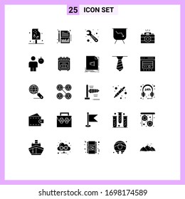 Modern Set of 25 Solid Glyphs Pictograph of picture; image; repair; camera; finance Editable Vector Design Elements