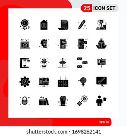 Modern Set of 25 Solid Glyphs Pictograph of prize; winner; file; cup; school supplies Editable Vector Design Elements