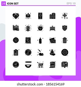 Conjunto moderno de 25 imágenes de glifos sólidos de nudos chinos; atención; móvil; construcción; elementos de diseño de vectores editables de hospital