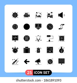 Modern Set of 25 Solid Glyphs Pictograph of world; globe; water; volume; sound Editable Vector Design Elements