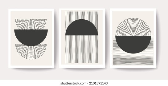 Modern set of 3 abstract creative minimal artistic hand-painted composition ideal for wall decoration, postcard, brochure or poster design, vector illustration
