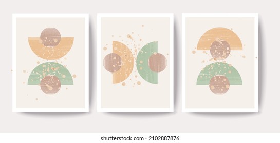 Modern set of 3 abstract half circle minimal artistic hand drawn in green and orange, composition ideal for wall decoration, postcard, brochure or poster design, vector illustration
