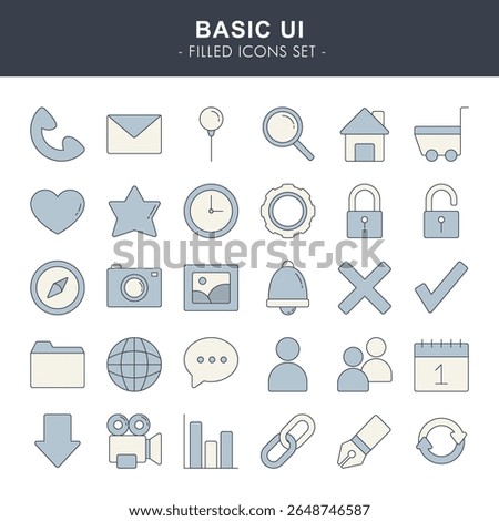 A modern set of 30 filled UI icons designed for digital interfaces. Includes essential symbols like phone, mail, home, search, user, and more.