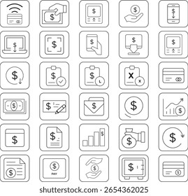 A modern set of 30 minimal line icons themed around online payments, banking, money transfers, invoices, and financial operations. Ideal for UI, UX projects, fintech 