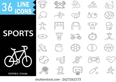 A modern set of 36 sports line icons in editable stroke style. This vector collection includes a wide range of fitness, exercise, and recreational activity symbols  and more. 