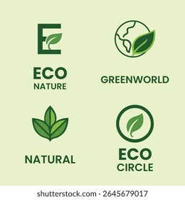 Um conjunto moderno de 4 logotipos ecológicos com temas de folha, globo e natureza. Perfeito para marcas sustentáveis, empresas ecológicas, start-ups orgânicas e design de identidade ecologicamente correto.
