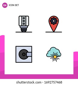 Conjunto moderno de 4 colores planos y símbolos como lámpara; productos; engranaje; dispositivos; elementos de diseño de vectores editables en nube
