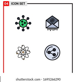 Conjunto moderno de 4 imágenes de color plano de líneas llenas de bioquímica; átomo; química; correo; elementos de diseño de vectores editables de moléculas