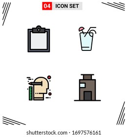 Modernes Set von 4 Flachfarben und Symbolen wie Puffer; Denken; Saft; Feder; Design-Elemente für Vektorillustrationen mit Gedankenbearbeitung