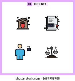 Modern Set of 4 Filledline Flat Colors Pictograph of insurance; body; home; document; padlock Editable Vector Design Elements