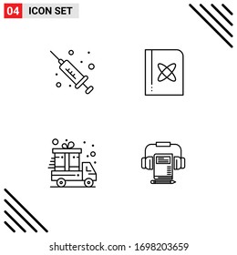 Modernes Set mit 4 Flachfarben und Symbolen wie Injektion; Lieferwagen; Buch; Wissenschaft; Design-Elemente für Vektorillustrationen mit Audiobearbeitung