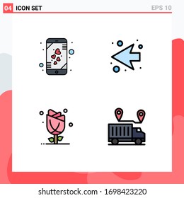 Modernes Set von 4 Flachfarben, Herzbild; Blume; Smartphone; links; Design-Elemente für Vektorillustration mit Rose