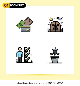 Conjunto moderno de 4 tarjetas de crédito con colores planos de línea plana; trabajo; dólar; presidente; elementos de diseño de vectores editables de graduación