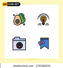 Conjunto moderno de 4 cuadros de colores planos de la comida; carpeta; alimentos sanos; bombilla; marca Elementos de diseño de vectores editables