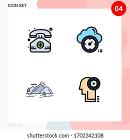 Modern Set of 4 Filledline Flat Colors Pictograph of hospital; hill; phone; timer; nature Editable Vector Design Elements