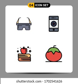Conjunto moderno de 4 colores planos y símbolos como virtuales; manzana en el libro; ojo; sonido; elementos de diseño de vectores editables para alimentos