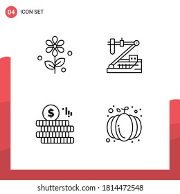 Modern Set of 4 Filledline Flat Colors Pictograph of flower; coin; biology; medical; autumn Editable Vector Design Elements