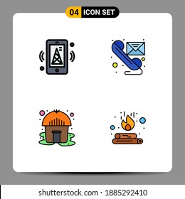 Modern Set of 4 Filledline Flat Colors and symbols such as internet; hut; mobile; phone; yurt Editable Vector Design Elements