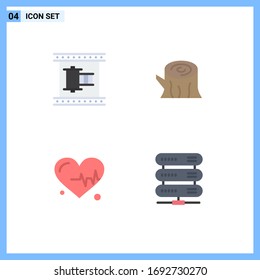 Conjunto moderno de 4 iconos planos y símbolos como el cine; corazón; carrete de película; madera; elementos de diseño de vectores editables de ciencia
