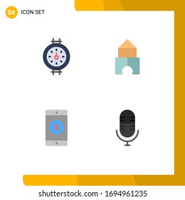 Modern Set of 4 Flat Icons and symbols such as gauge; dollar; building; application; mic Editable Vector Design Elements