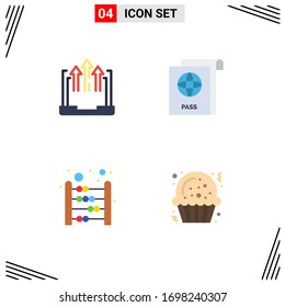 Modernes Set von 4 flachen Symbolen, Pfeilbild; Berechnung; Laptop; Reisepass; Design-Elemente für mathematische Vektorillustration
