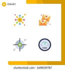 Modern Set of 4 Flat Icons Pictograph of dollar; reticle; email; wedding; target Editable Vector Design Elements