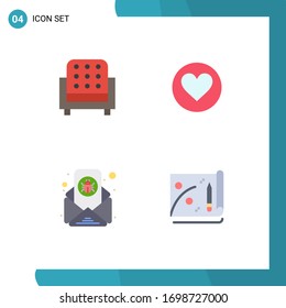 Conjunto moderno de 4 Iconos planos Pictograma de muebles; correo electrónico; sofá; favorito; elementos de diseño de vectores editables de carta