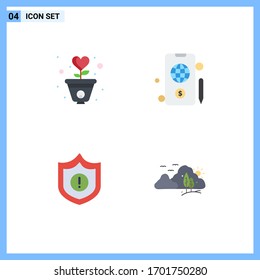 Conjunto moderno de 4 iconos planos y símbolos como la gratitud; seguridad; corazón; globo; elementos de diseño de vectores editables de montaña