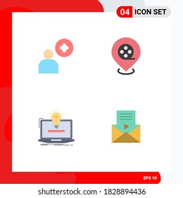 Modern Set of 4 Flat Icons and symbols such as add; bulb; cinema; laptop; mail Editable Vector Design Elements