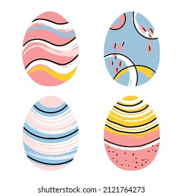 Conjunto moderno de 4 huevos de Pascua pintados con diferentes adornos. Es bueno para tarjetas de felicitación, banners, invitaciones, volantes.