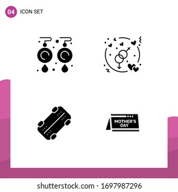 Modern Set of 4 Solid Glyphs Pictograph of earrings; skateboard; jewelry; love; calendar Editable Vector Design Elements