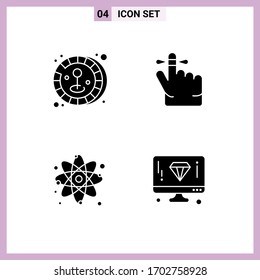 Modern Set of 4 Solid Glyphs and symbols such as coin; physics; finger; atom; diamond Editable Vector Design Elements