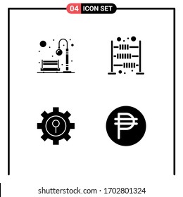 Modern Set of 4 Solid Glyphs Pictograph of bench; keyhole; recreation; calculate; protection Editable Vector Design Elements