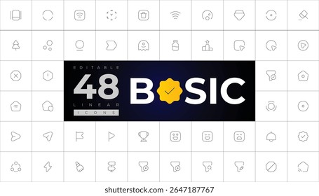Um conjunto moderno de 48 ícones básicos lineares editáveis, perfeito para design geral de interface do usuário, web e aplicativo.