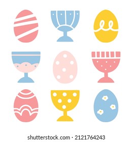 Modern set of 5 easter eggs in 4 eggcups with different ornaments. Good for greeting cards, banners, invitations, flyers.