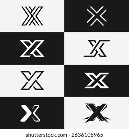A modern set of 8 letter X logos featuring creative and unique monogram shapes. Perfect for branding, identity.