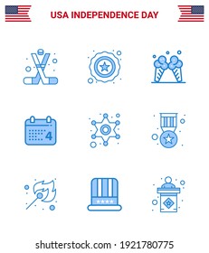 Modern Set of 9 Blues and symbols on USA Independence Day such as police; american; icecream; date; calender Editable USA Day Vector Design Elements