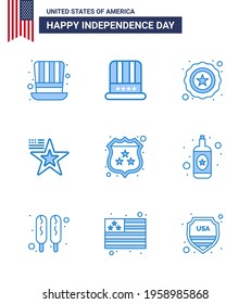Modern Set of 9 Blues and symbols on USA Independence Day such as shield; american; police; usa; american Editable USA Day Vector Design Elements