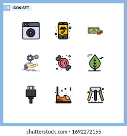Modern Set of 9 Filledline Flat Colors Pictograph of dessert; services; finance; gear; hand Editable Vector Design Elements