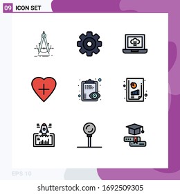 Modern Set of 9 Filledline Flat Colors Pictograph of view; eye; multimedia; human heart; heart Editable Vector Design Elements