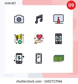 Modernes Set von 9 Flachfarben, Bild des Sprechers; digital, Musik; Automatisierung; Design-Elemente für bearbeitbare Vektorillustrationen