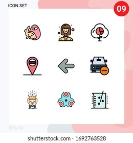 Modernes Set von 9 Flachfarben und Symbolen wie Auto; rückwärts; Daten; Pfeile; Platzhalter-Design-Elemente für bearbeitbare Vektorillustrationen