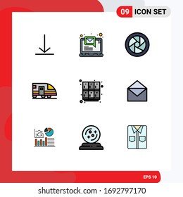 Modern Set of 9 Filledline Flat Colors and symbols such as open; learning; camera eye; learn; train Editable Vector Design Elements