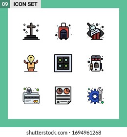 Modern Set of 9 Filledline Flat Colors Pictograph of gas; person; travel bag; man; business Editable Vector Design Elements