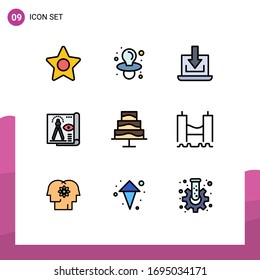 Modernes Set von 9 Flachfarben und Symbolen wie Foto; Herausgeber; nach unten; blauer Druck; Vektorillustration-Design-Elemente für Dateien bearbeiten