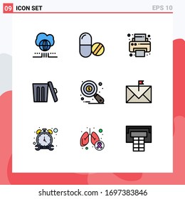 Modern Set of 9 Filledline Flat Colors Pictograph of data analysis; research; office; trash; environment Editable Vector Design Elements